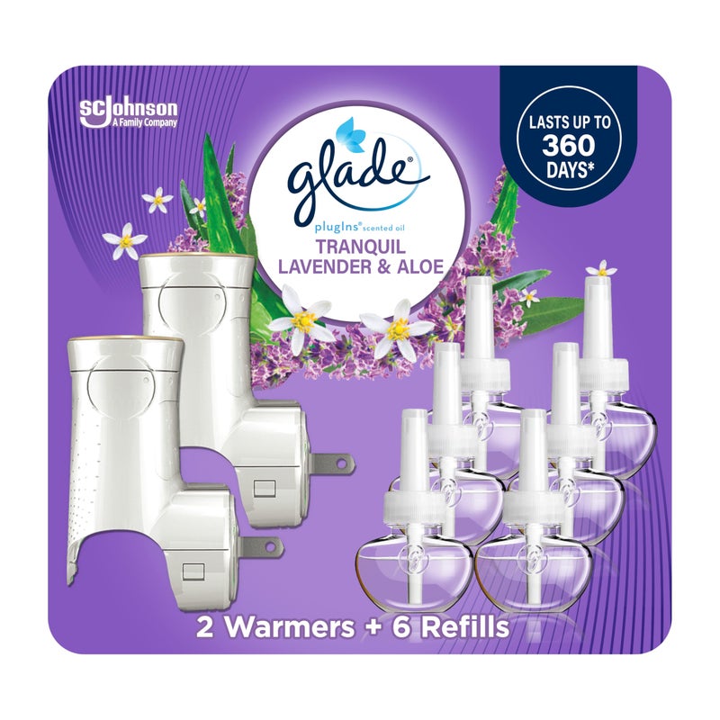 Glade PlugIns Refills Air Freshener Starter Kit, Scented and Essential Oils for Home and Bathroom, Tranquil Lavender & Aloe, 4.02 Fl Oz, 2 Warmers + 6 Refills - Image 1